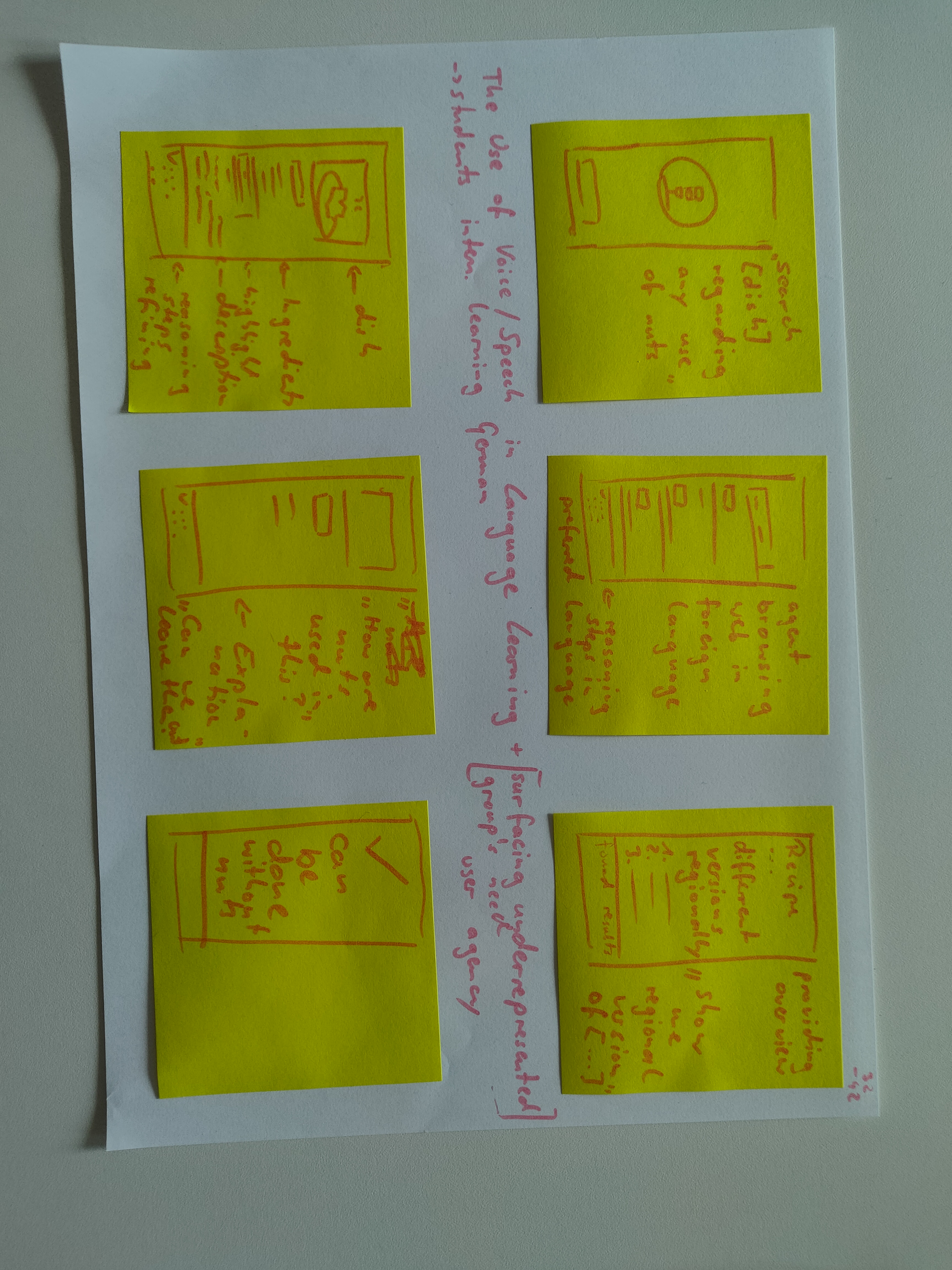 In the second individual storyboard, the user uses the agent to search menu dishes to check for the presence of nuts. The agent is shown to be able to browse the web searching local websites. The agen informs the user that there are viarious regional variants for the dish. The user chats with the agent to understand whether nuts can be left out of the dish. Having obtained a positive answere, the user places their order.
