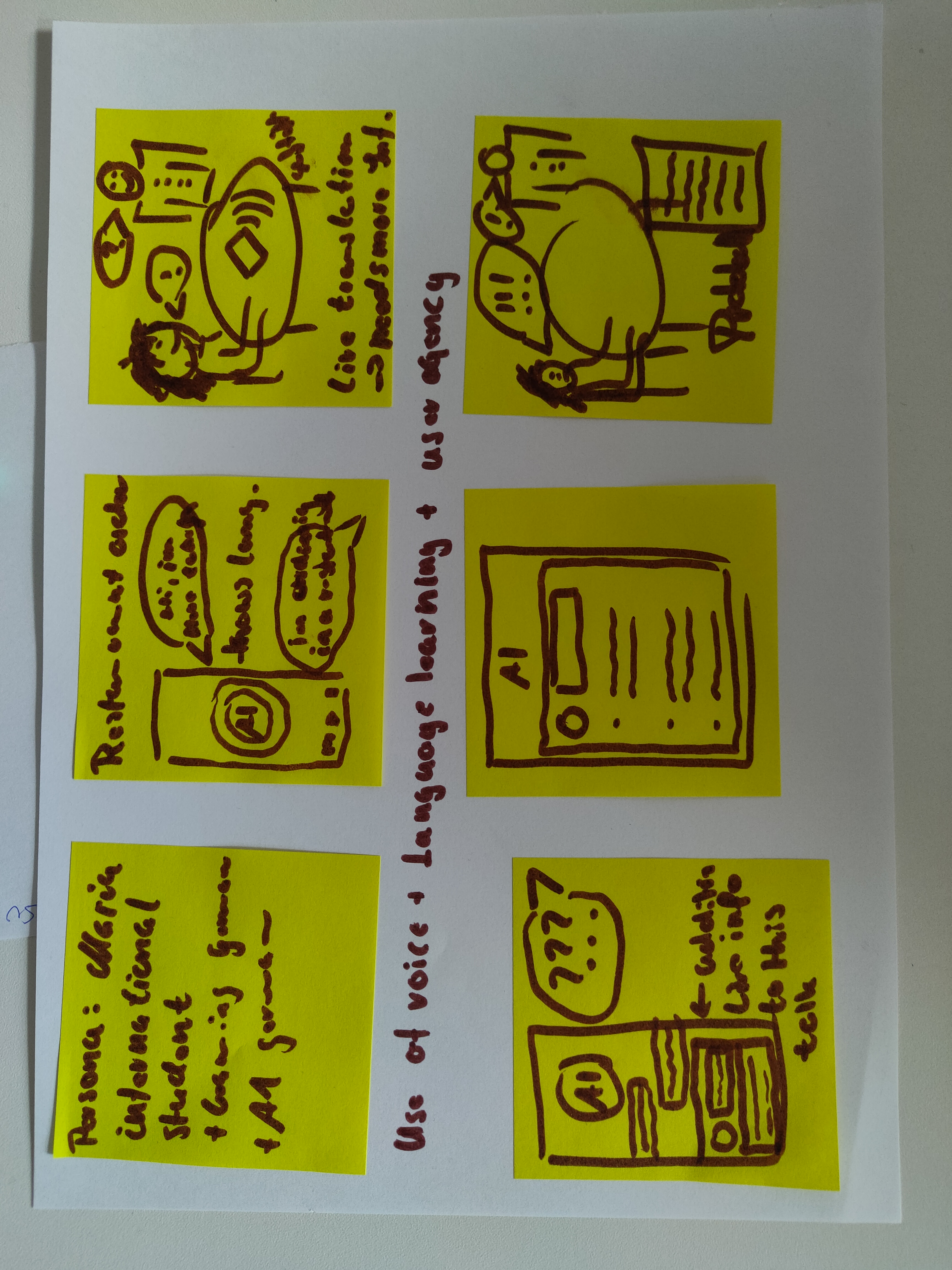 The third individual storyboard depicts Maria, an international student with A1 german language knowledge. At the restaurant she uses the agent to support her with live translations. The agent can provide also additional information enriching the interaction for Maria.